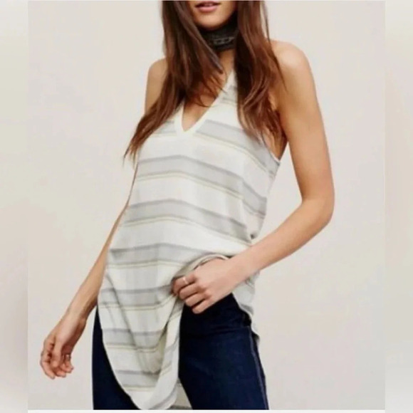 🩶 Free People Loui Stripe Tank Top Tunic Cami Ivory Gray Combo Medium - Picture 1 of 10
